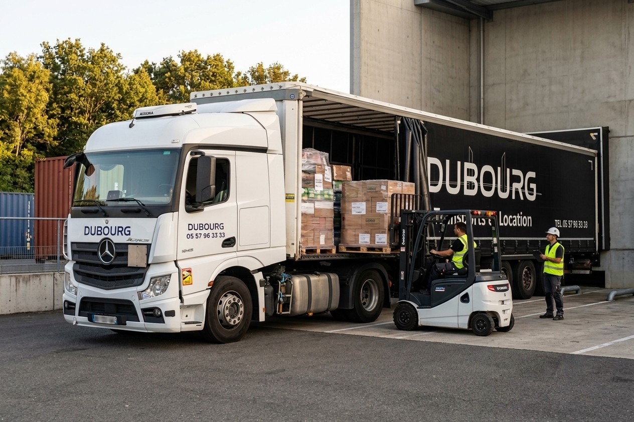 Chargement de palettes au chariot élévateur dans une semi-remorque tautliner à quai