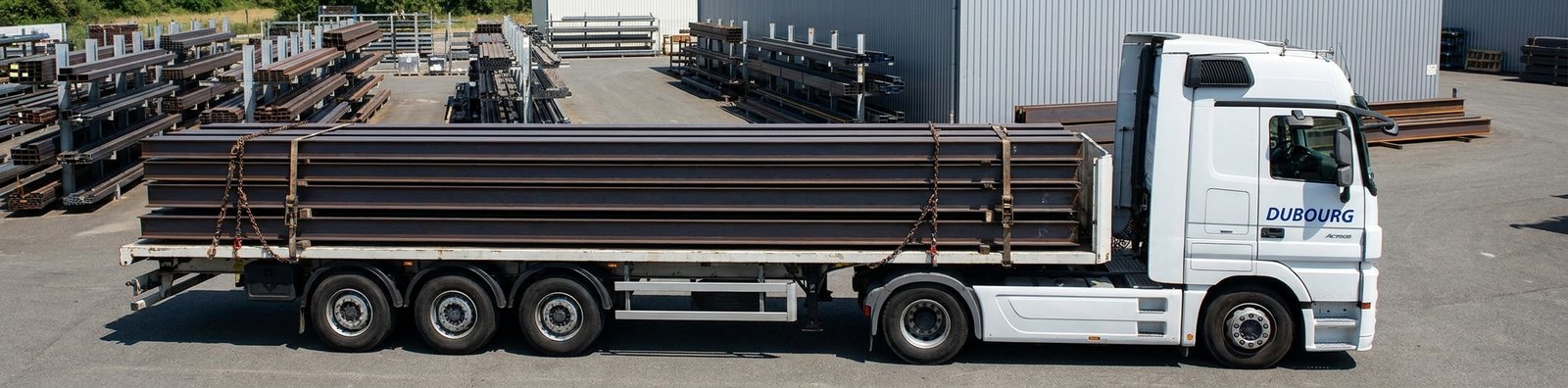 Tracteur DAF Dubourg transportant des profilés acier arrimés par chaînes dans la cour d'un négoce de métaux