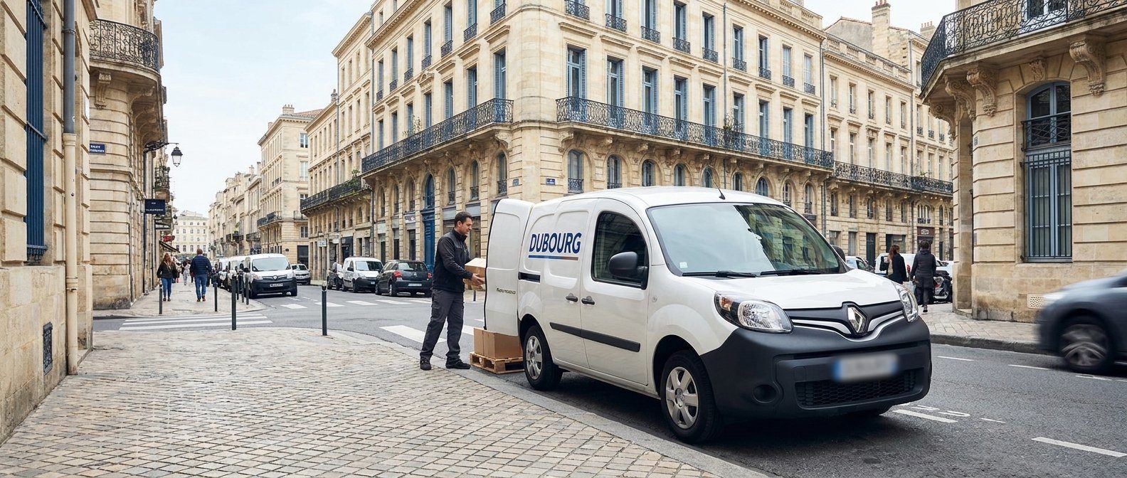 Renault Kangoo Transports Dubourg en livraison Express sur une rue haussmannienne de Bordeaux