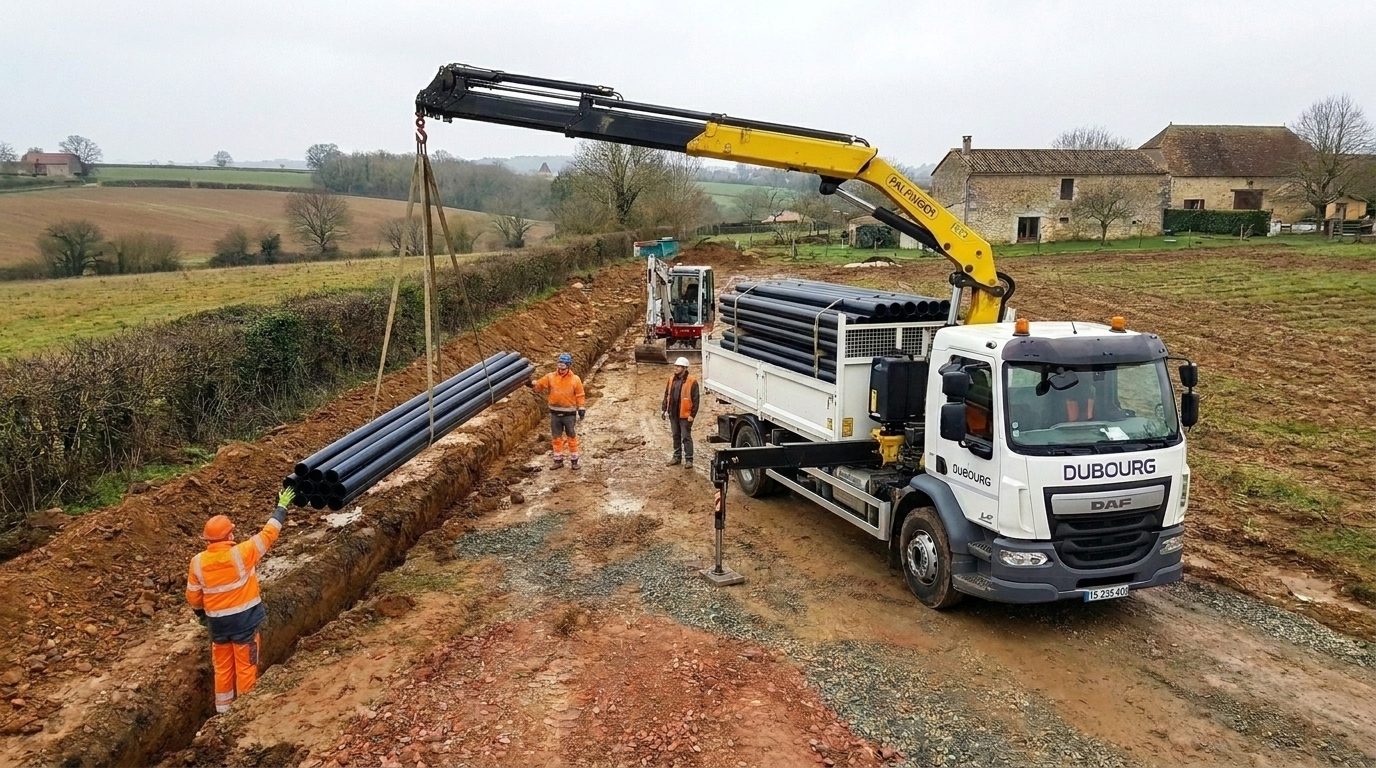 Porteur DAF Dubourg à grue auxiliaire déposant des canalisations PE sur chantier de réseaux publics
