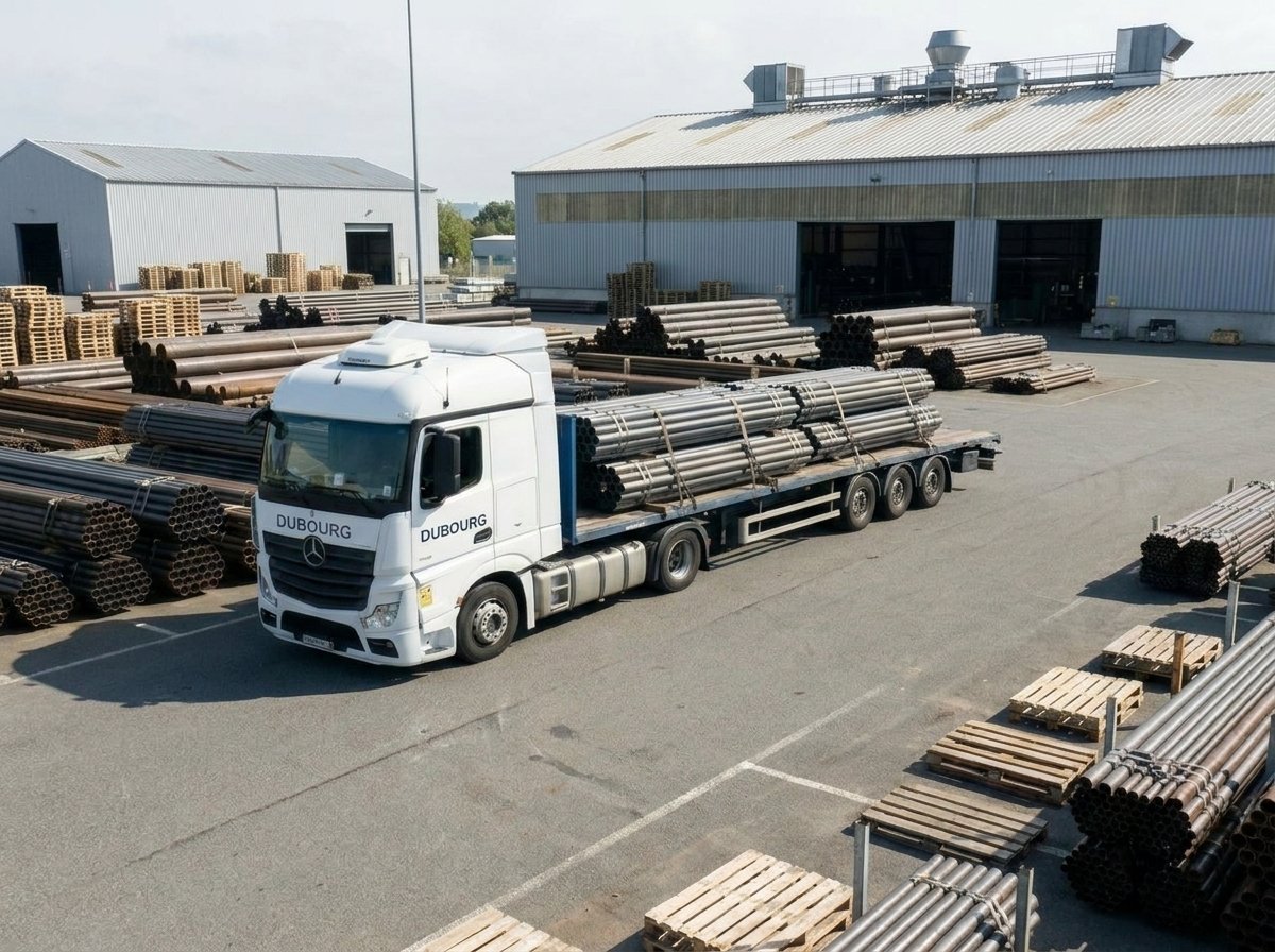 Actros et DAF Dubourg en chargement au dépôt d'un négoce de produits métallurgiques